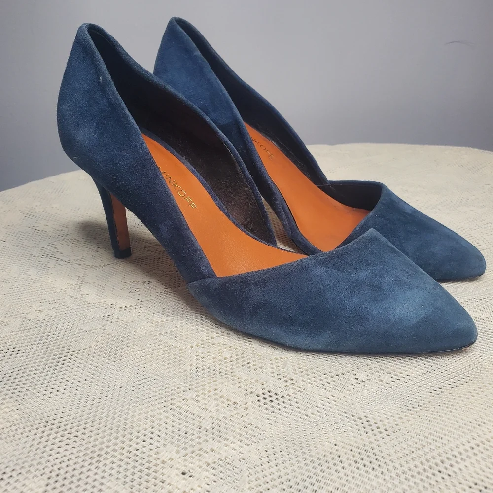 Rebecca Minkoff Brie D'orsay Blue Suede Heels pumps point toe size 6‎